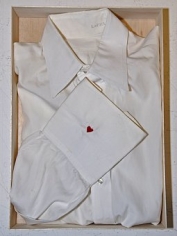 JOHN KIRCHNER Untitled (shirt) 2007, white shirt with embroidery and balsa wood, 15 x 12 x 3 inches.