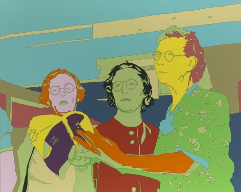 LISA RUYTER Russell Lee “Three members of ladies’ quintette at community sing, Pie Town, New Mexico” 2011, acrylic on canvas, 63 x 79 inches