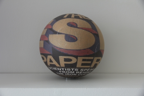 Susan MacWilliam  The ESP Papers  2013-14, inkjet paper, plastic sphere, 6 x 6 x 6 inches, unique.