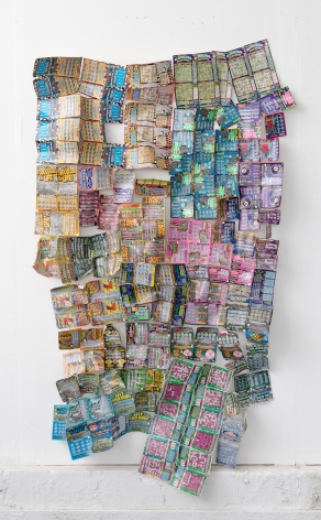 WILMER WILSON IV  Boston Fabric  2015/2017, lottery tickets, safety pins, dimensions variable