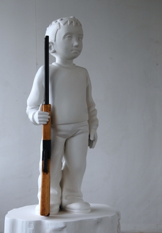 KENNY HUNTER Boy with rifle 2012, polyester resin, acrylic resin, wood, paint, 54 x 29.5 x 29.5 inches