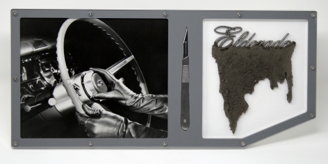 Benjamin Kelley  Untitled 05  2019, Cadillac factory photograph (original), stainless steel scalpel, Cadillac Eldorado script emblem with earth, acrylic, stainless steel hardware, 7.75 x 16.75 x 1 inches.