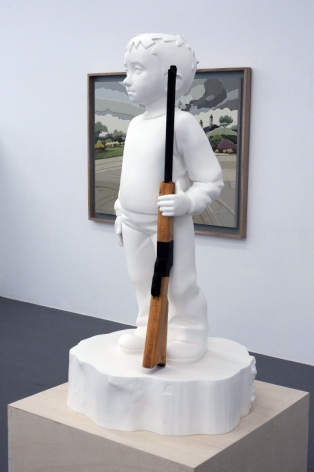 KENNY HUNTER Boy with rifle polyester resin, acrylic resin, wood, paint, 54 x 29.5 x 29.5 inches sculpture