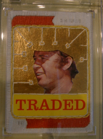GRAHAM CHILDS  You Asked for a Cure, They Gave you a Kiss 2007, cotton embroidery floss on 1973 Topps, Ron Santo, baseball card, 7 x 7 inches.