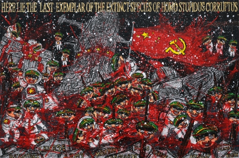 FEDERICO SOLMI Chinese Army and the End of Homo Stupidus Corruptus 2010, mixed-media on paper mounted on wood, 20 x 30 inches