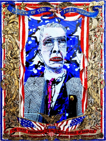 FEDERICO SOLMI  The Last President of the United States of America (video still)  2014, video painting, acrylic paint on plexiglass, gold and silver leaf, 2:34 video loop, 18 x 24 inches.