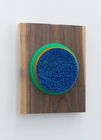 Joe Ovelman Blue Sparkle Sphere wood, plastic, reclaimed leather, 10 x 8 x 2 inches