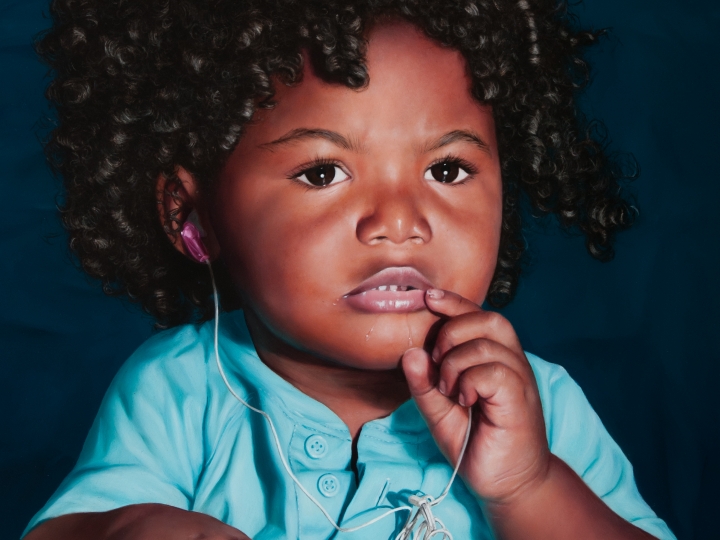 KATIE MILLER Boy with a Tangled Earphone 2014, oil on panel, 16 x 12 inches.