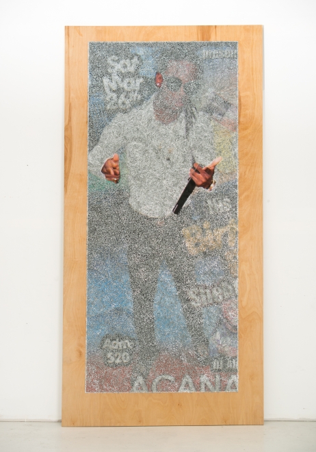 Wilmer Wilson IV: Afr, 2017, staples and pigment print on wood, 96 by 48 by 1½ inches. 